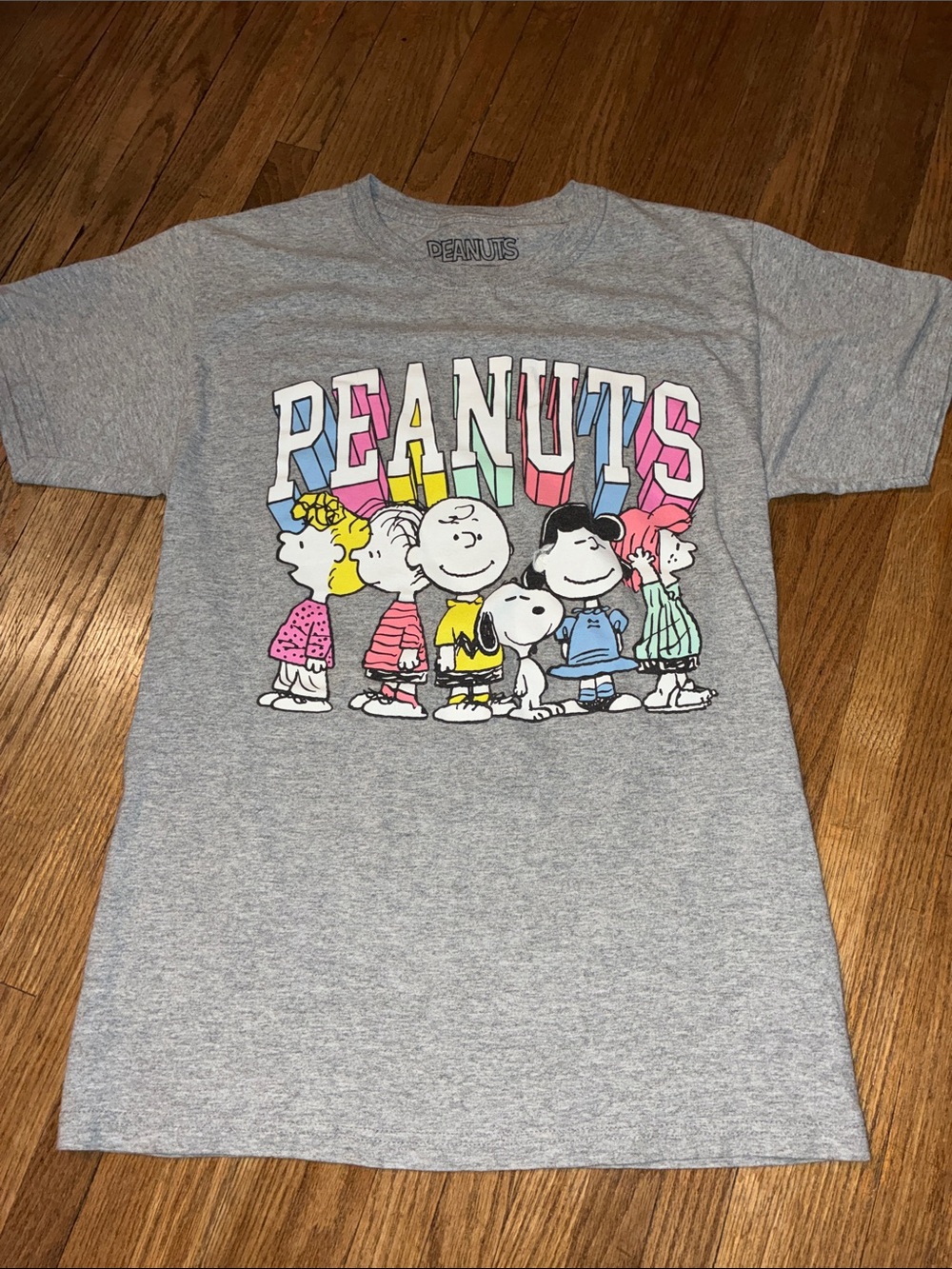 Peanuts Graphic Tee in Heather Gray with Multicolor Lettering